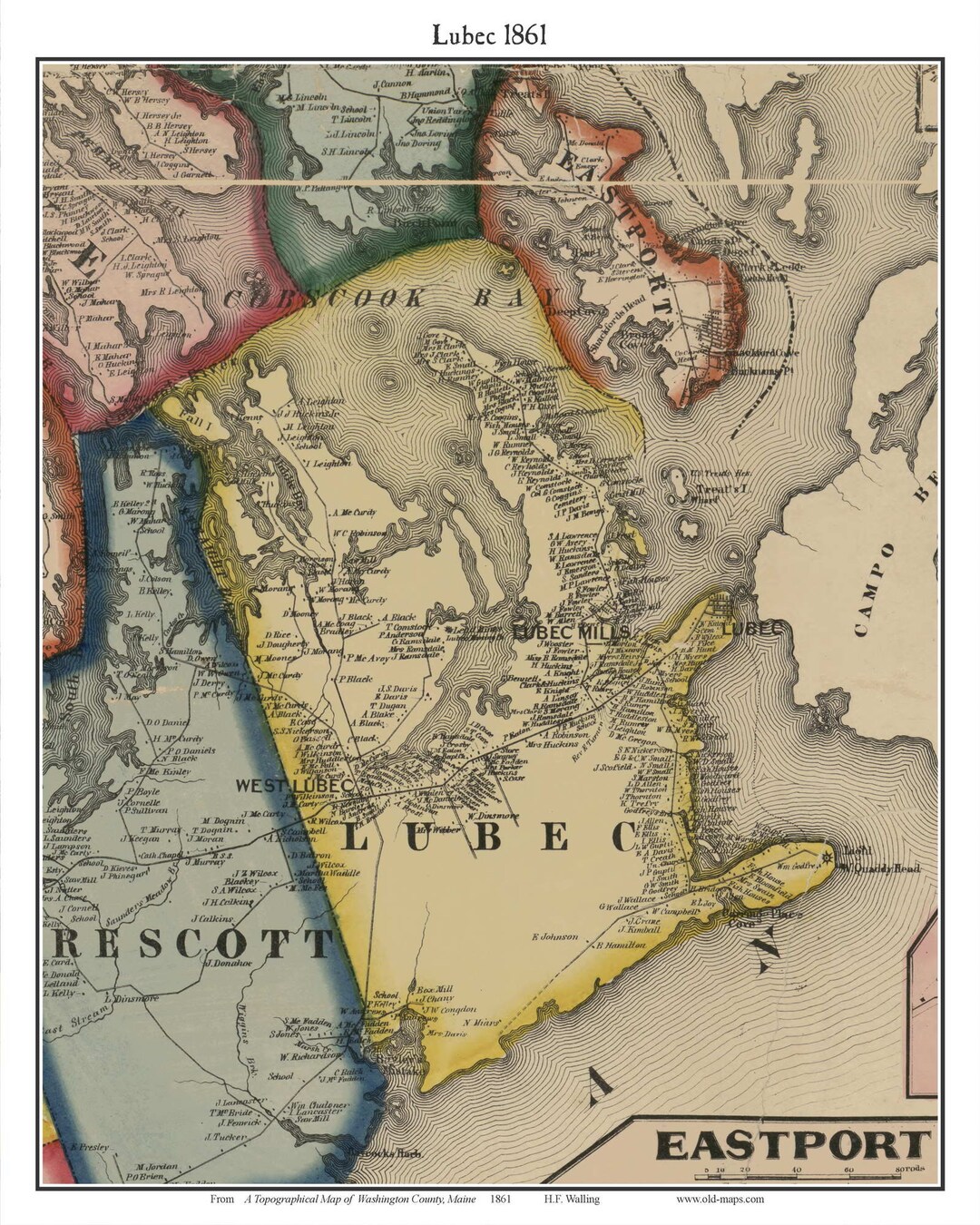 Lubec 1861 Old Town Map With Homeowner Names Maine Reprint Washington