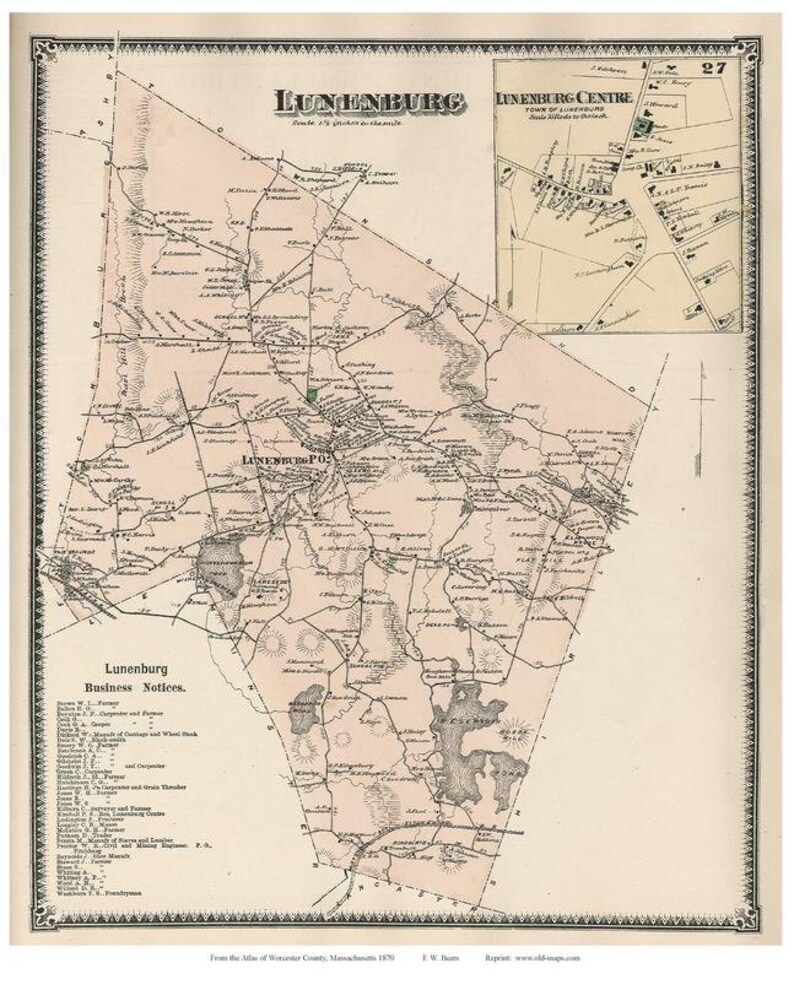 Lunenburg 1870 Lunenburg Center Old Town Map With Homeowner Etsy