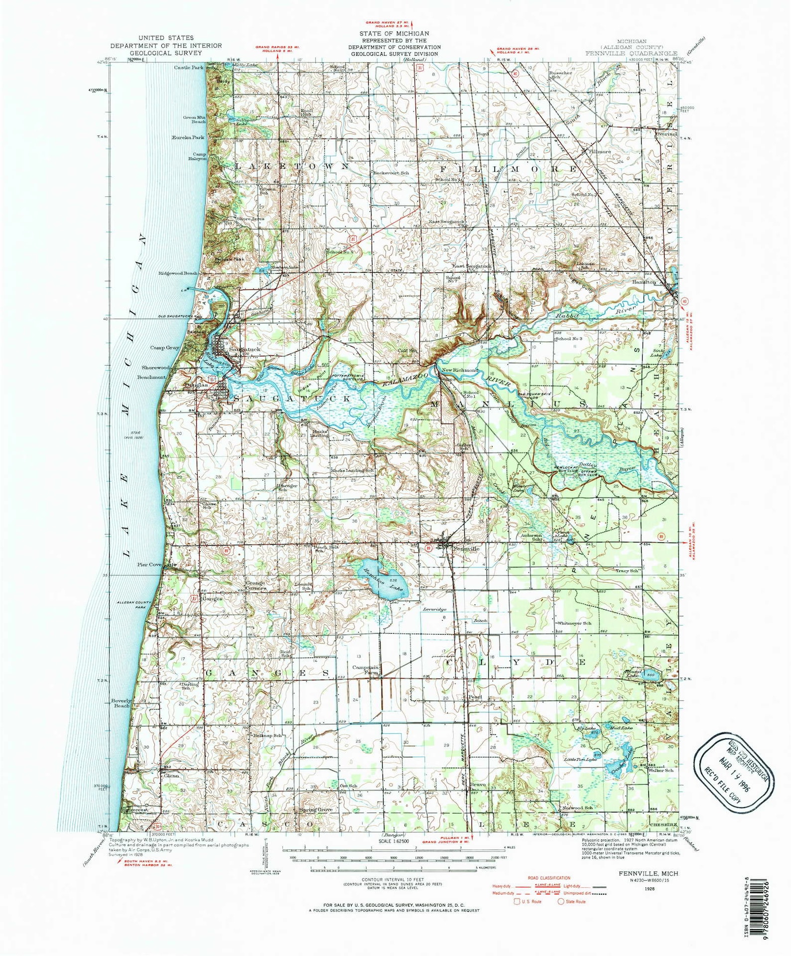 Fennville 1928 1965 Old Topo Map Kalamazoo Lake Hutchins Etsy