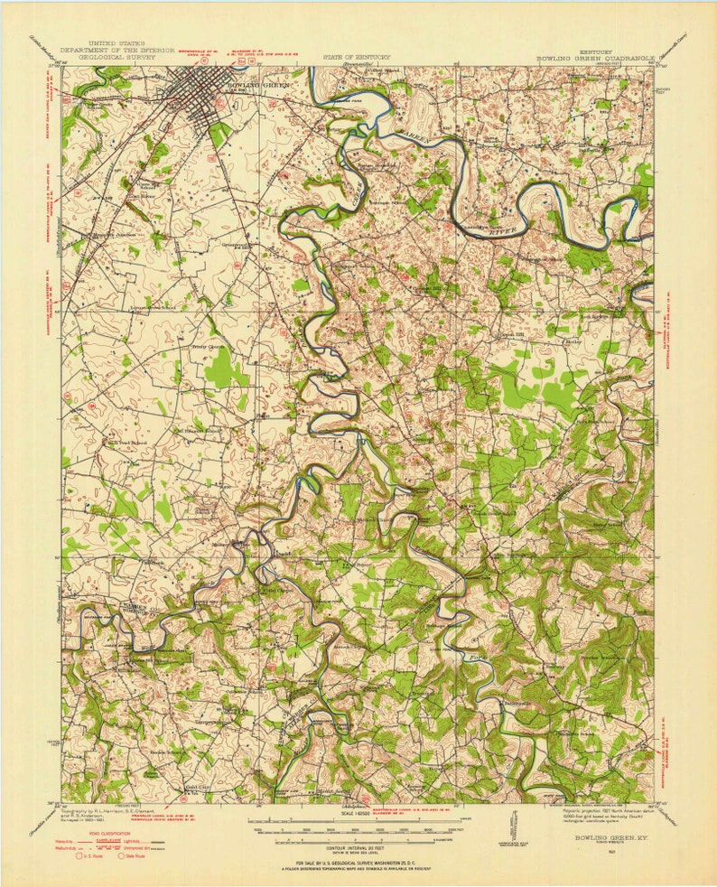 Bowling Green 1921 1955 Old Topo Map Barren River Drakes Creek Quad