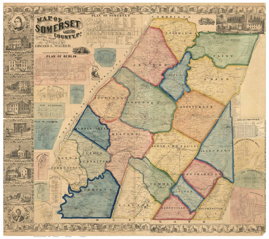 Somerset County Pennsylvania 1860 Old Wall Map With Homeowner Names