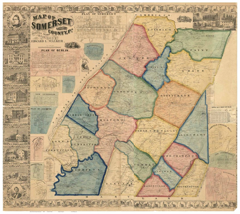 Somerset County Pennsylvania 1860 Old Wall Map With Etsy