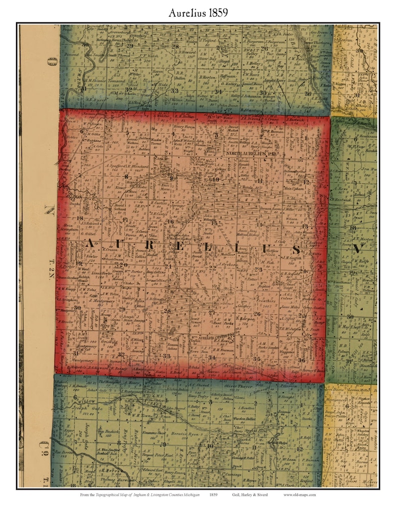 Aurelius 1859 Old Town Map With Homeowner Names Michigan Etsy