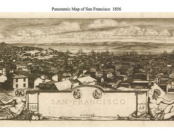 May include: A black and white panoramic engraving of San Francisco in 1856. The engraving shows a bird's eye view of the city, with buildings, streets, and hills. The text "SAN FRANCISCO, CAL." is visible in the foreground.