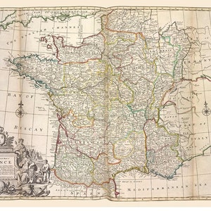 France 1736 - Provinces outlined in color with major roads--  Old Map - Reprint