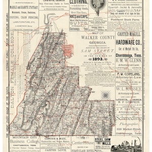 Walker County Old 1893 Map Georgia  -  Wall Map  With Homeowner names   Reprint