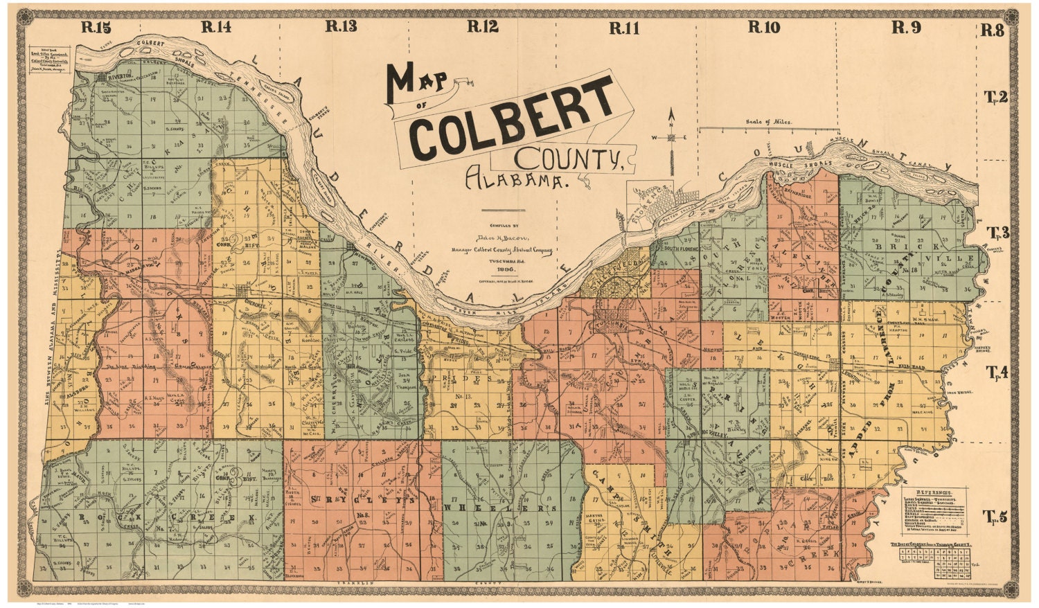 Colbert County  Alabama 1896 -  Old Wall Map with Landowner Names -  Reprint
