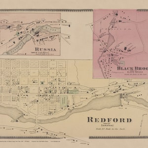 Redford 1869 Russia Black Brook Old Map Homeowner names  Reprint Clinton Co Beers Atlas New York