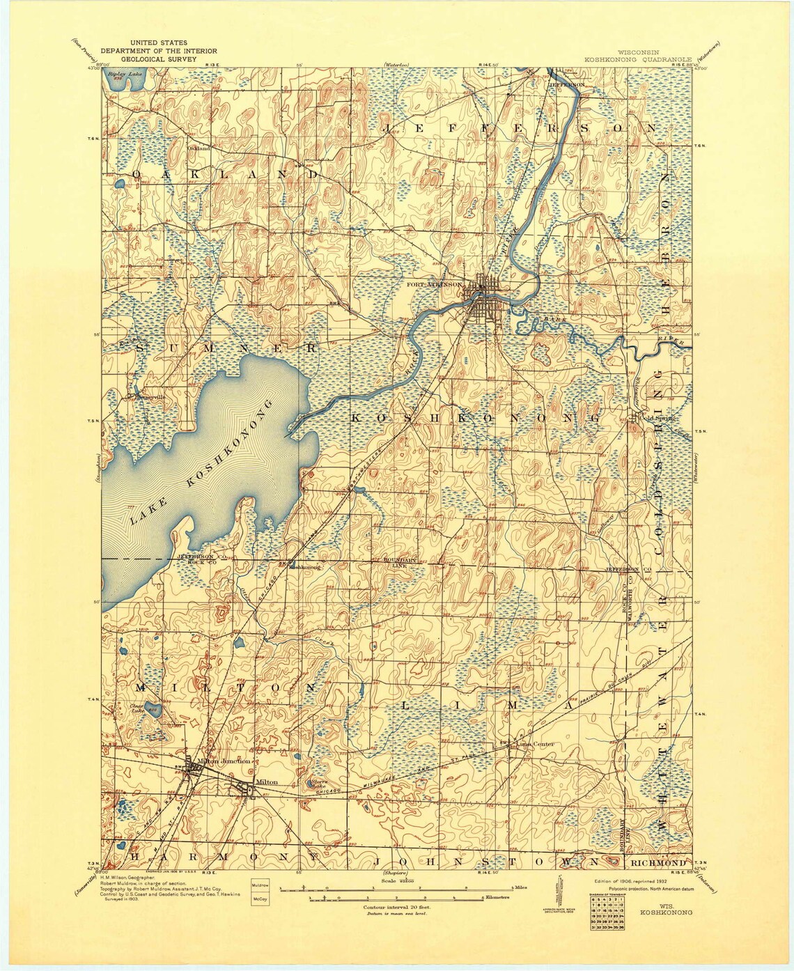 Koshkonong 1906 1932 Old Topo Map Lake Koshkonong Quad Etsy