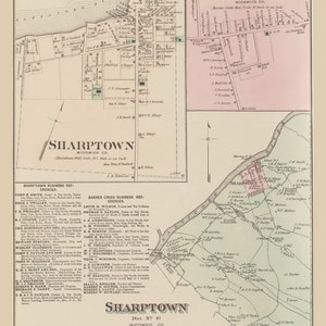 Sharptown 1877 Old Town Map Barren Creek - Homeowner Names Wicomico County Maryland - Reprint Atlas WSW Co MD TM 22