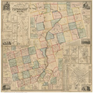 May include: A detailed topographical map of the County of Penobscot, Maine, published by H.F. Walling in 1858. The map shows the towns and cities of the county, including Bangor, Brewer, and Oldtown. The map also shows the rivers, lakes, and roads of the county.