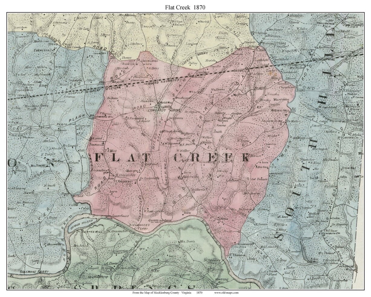 Flat Creek 1870 Old Town Map With Homeowner Names - Reprint