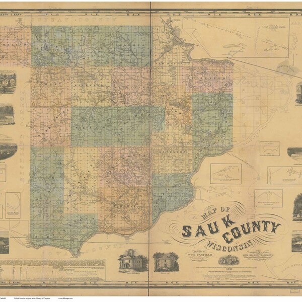 Sauk County Wisconsin  1859 - Old Wall Map Reprint with Homeowner Names -  Farm Lines