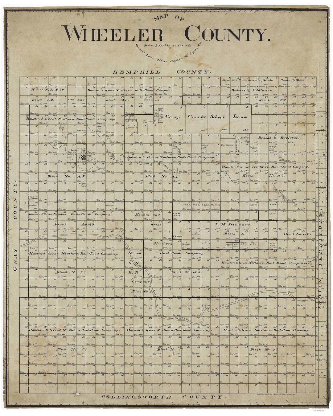 Wheeler County Texas 1899 Old Wall Map Reprint With Land Etsy