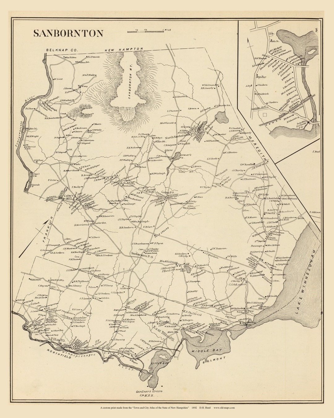 Sanbornton 1892 Old Town Map Homeowner Names Custom Reprint Belknap