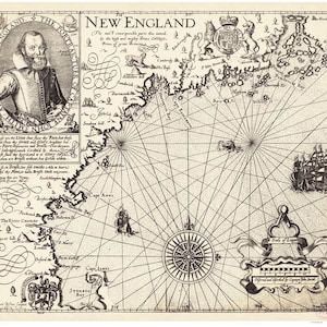 May include: A vintage black and white map of New England, with a compass rose and a scale of leagues. The map features a portrait of a man in the upper left corner, and a coat of arms in the upper right corner. The map is titled "New England" and includes the text "The most remarkable parts thus named, by the high and mighty Prince Charles, Prince of Great Britain."