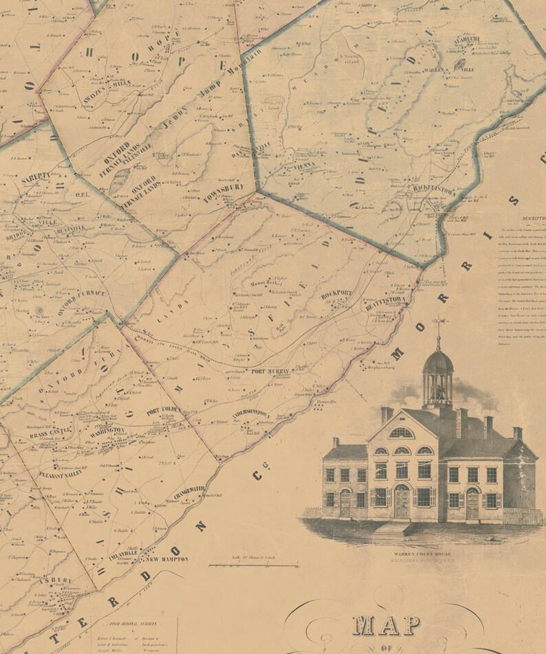 Warren County New Jersey 1852 Old Wall Map Reprint with Etsy