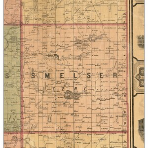 May include: An antique map of Smelser, a township in  Grant County, Wisconsin, from 1868. The map shows the names of residents and the location of roads, rivers, and other features. The map is printed in black and white with some areas highlighted in red, yellow, and green.