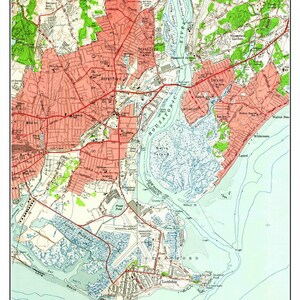 May include: A vintage map of Stratford, Connecticut, showing the coastline and the Housatonic River mouth. The map is dated 1951 and includes details like roads, waterways, and landmarks. The map is in shades of red, blue, and green.
