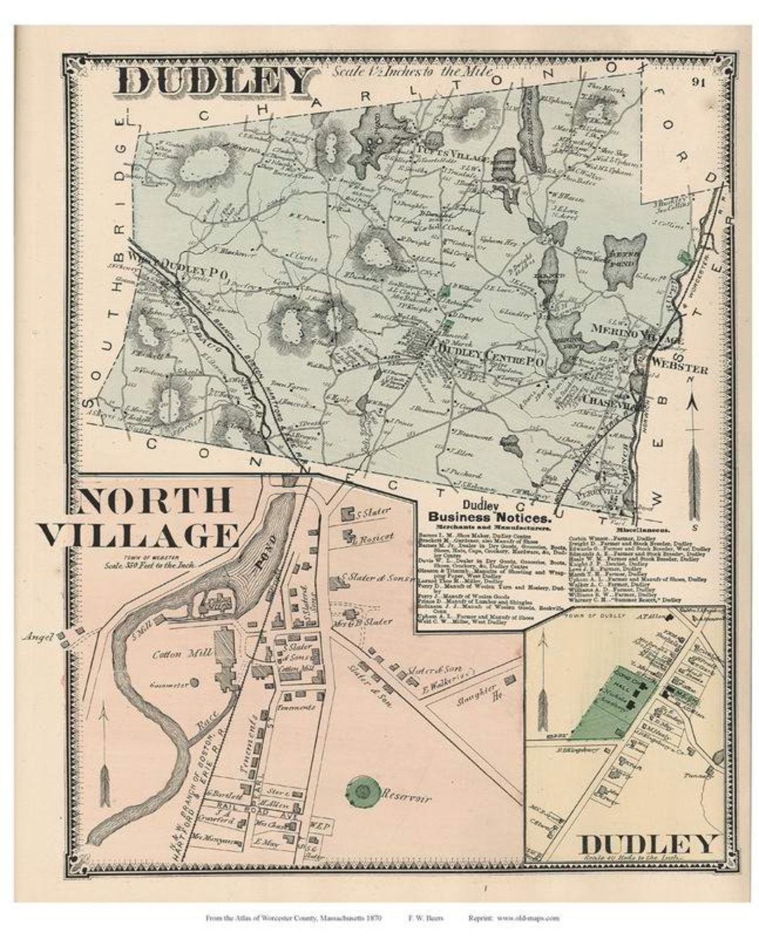 Dudley 1870 Old Town Map With Homeowner Names Massachusetts Etsy