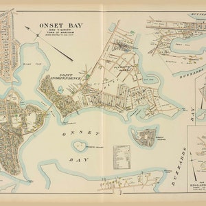 May include: A vintage map of Onset Bay and vicinity, showing the town of Wareham, Massachusetts. The map features detailed street layouts, waterways, and landmarks, including Point Independence, Buzzards Bay, and Buttermilk Bay.