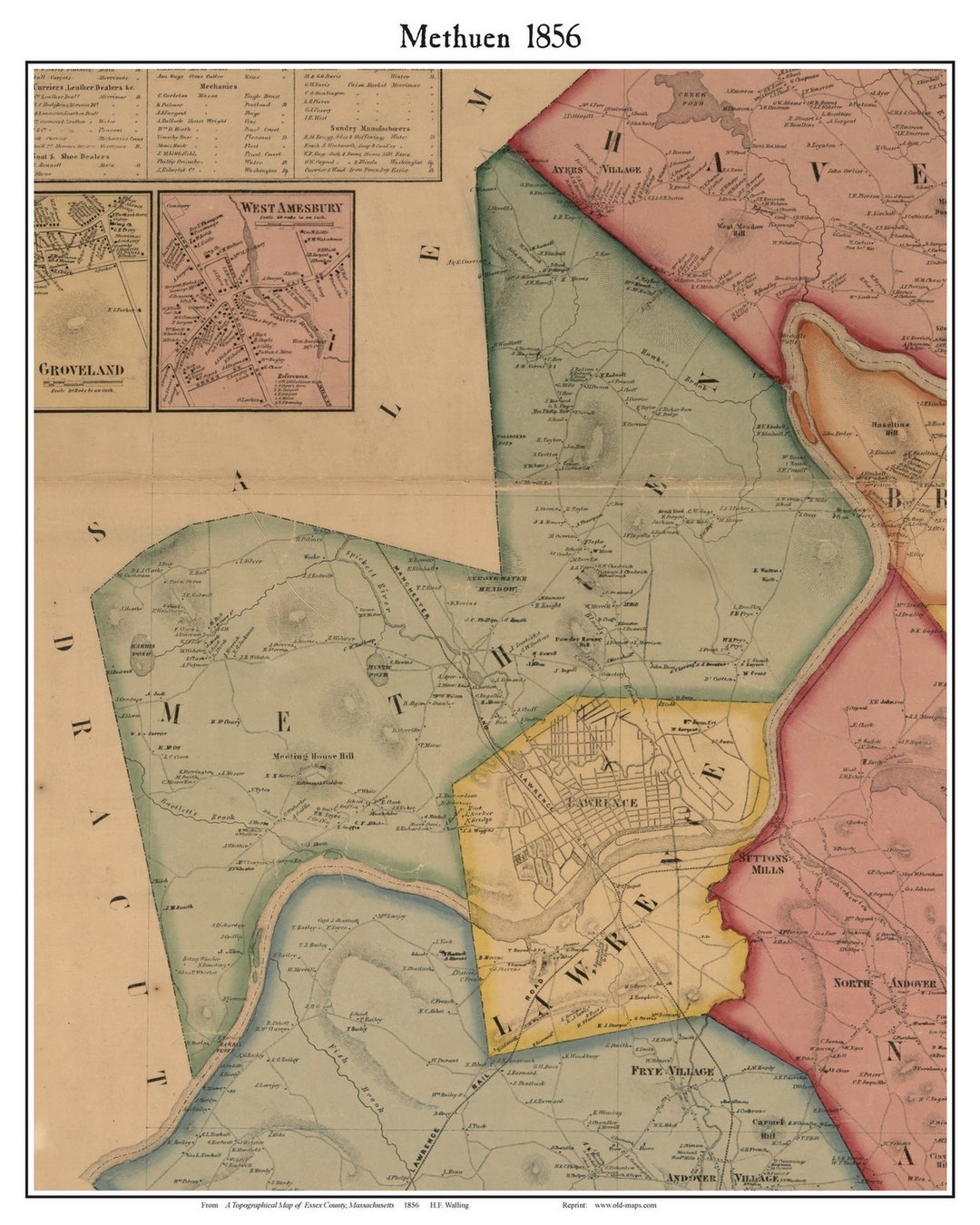 Methuen Massachusetts 1856 Old Town Map With Homeowner Names Reprint Essex County MA TM Etsy