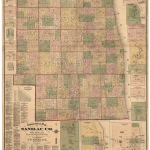 Sanilac County Michigan  1876 - Old Wall Map Reprint with Homeowner Names Farm Lines Genealogy