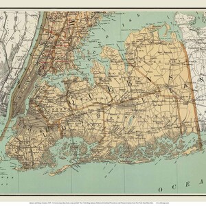 May include: A vintage map of New York City and surrounding areas, including Long Island, Queens, Brooklyn, Manhattan, and Staten Island. The map shows the locations of towns, cities, railroads, and waterways. The map is printed on a light blue background with brown lines and text.