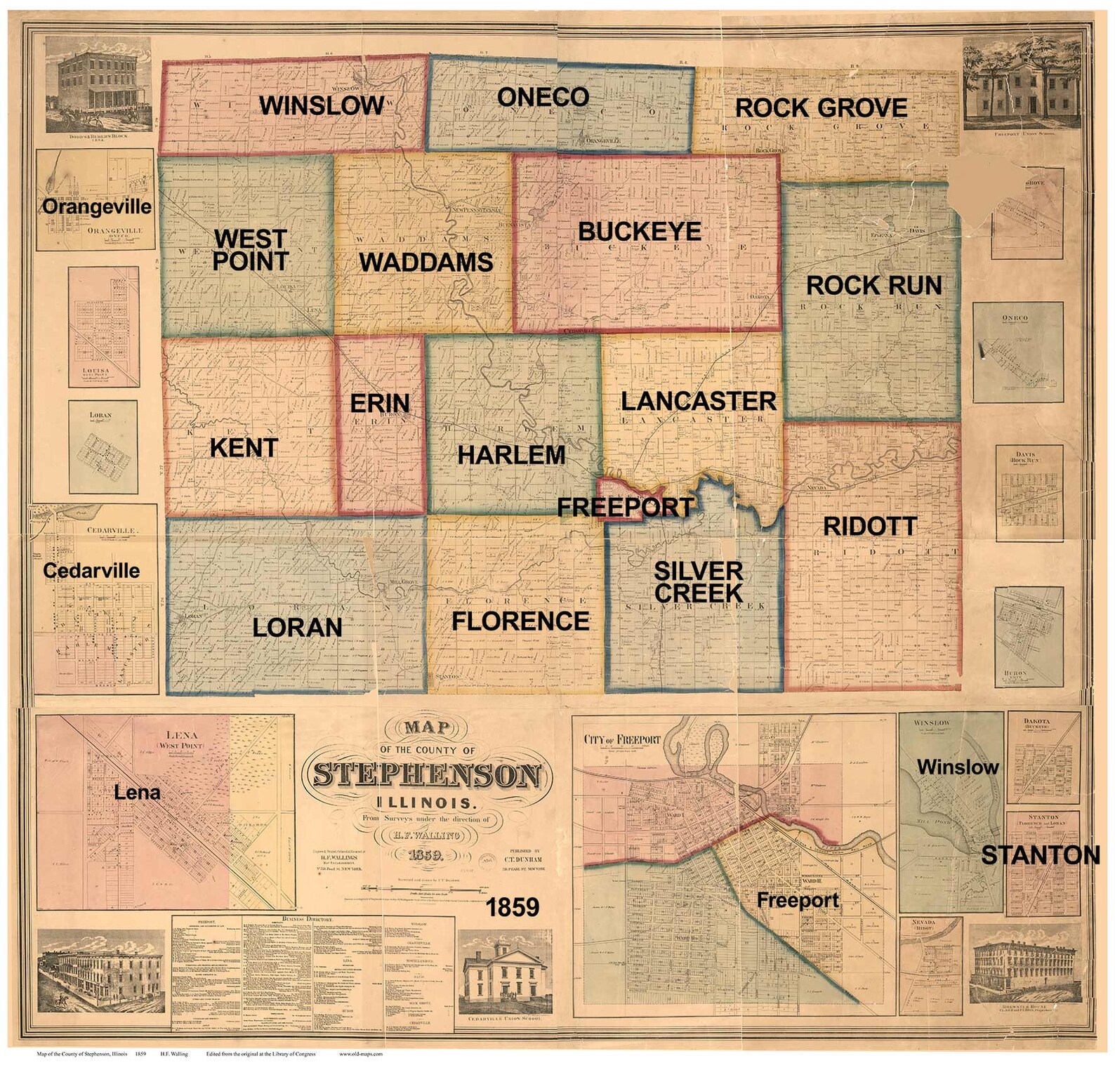 Stephenson County Illinois 1859 Old Wall Map Reprint With Etsy