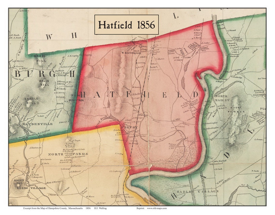 Hatfield 1856 Old Town Map With Homeowner Names Massachusetts Etsy