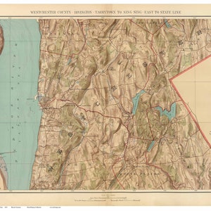 May include: A vintage map of Westchester County, New York, showing the area from Tarrytown to Sing Sing, east to the state line. The map features detailed topography, including rivers, lakes, and roads. The map is printed on aged paper with a light brown background.
