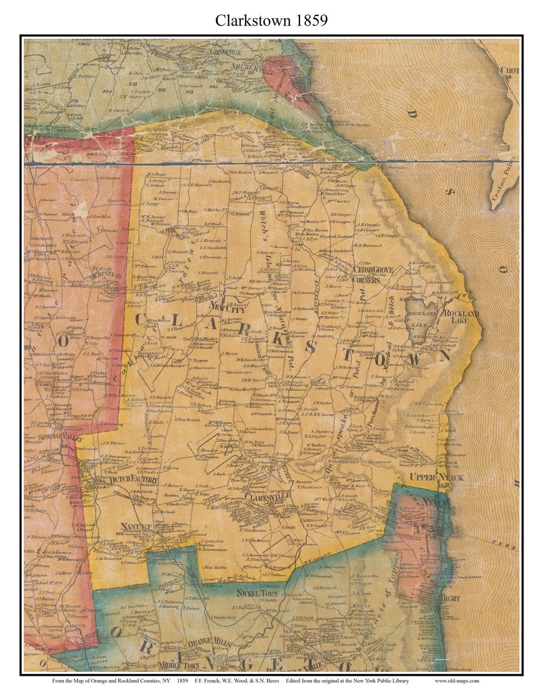 Clarkstown 1859 Old Map Homeowner Names New City Congers Rockland Lake