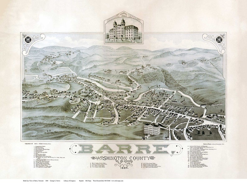 1884 Birds Eye View Reprint Map Barre Vermont