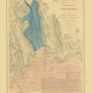 May include: A vintage map of New London Harbor from 1848, featuring detailed cartography with blue and pink hues. The map includes text indicating ice formations and the harbor's name. The title reads "The Harbor of New London".