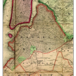 May include: An antique map of Brooklyn, New York, from 1860. The map shows the streets and neighborhoods of the city, including the areas of Greenpoint, Williamsburg, and Flatbush. The map is printed in brown, green, and red ink on a cream-colored background.