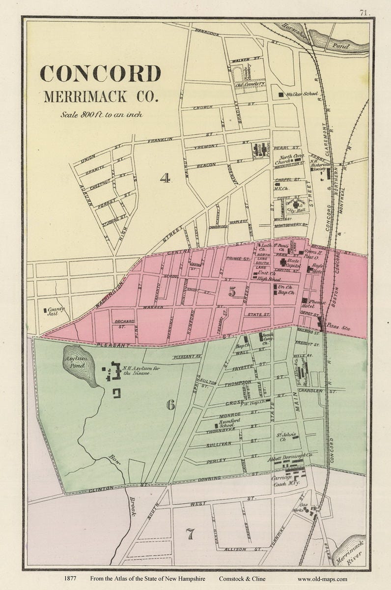Concord Nh Zip Code Map Concord Nh 1877 Old Map Reprint With Street & Building | Etsy