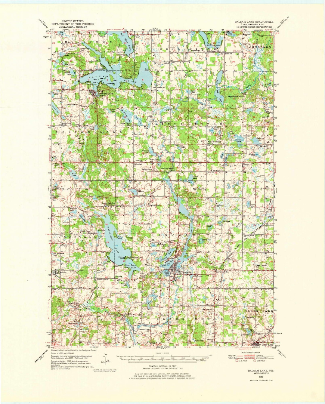Balsam Lake 1950 (1976) Old Topo Map - Wapogasset Lake - Quad Reprint
