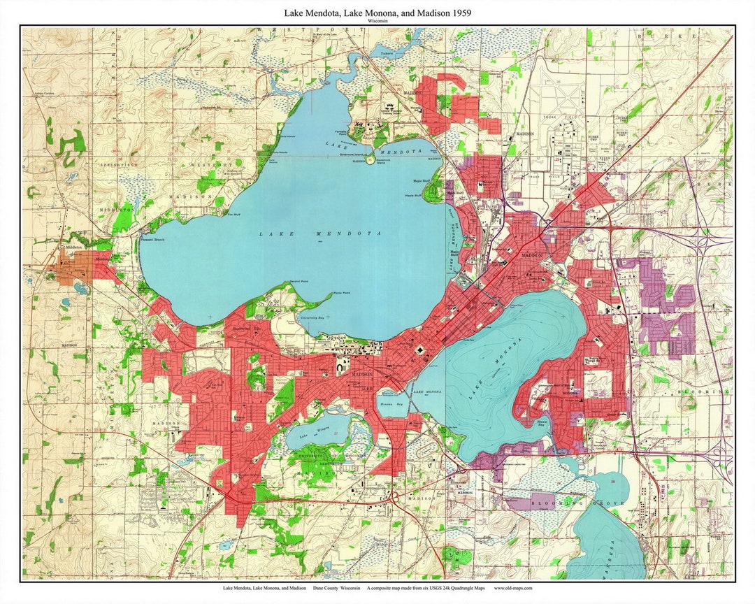 Lake Mendota and Lake Monona, Madison 1959 USGS Old Topographic Map Custom Composite Wisconsin 1