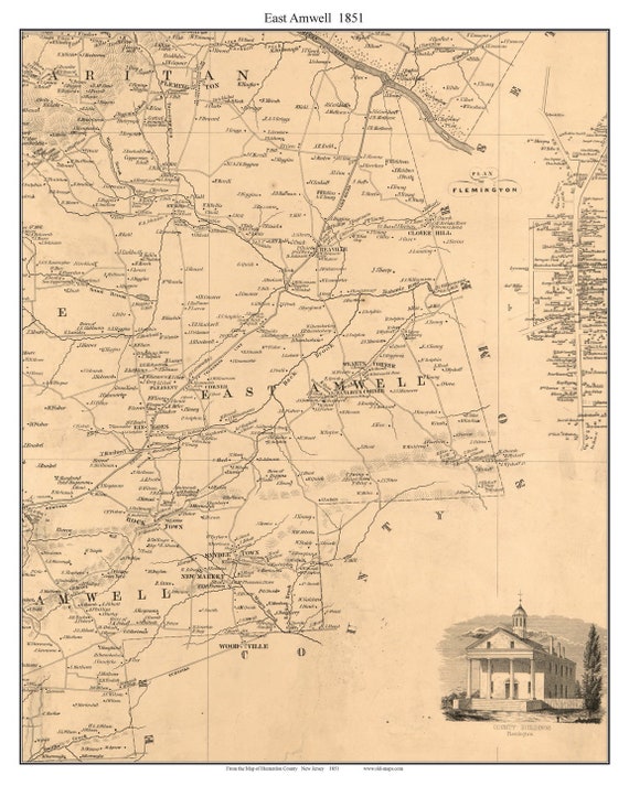 East Amwell 1851 Old Town Map With Homeowner Names New Etsy