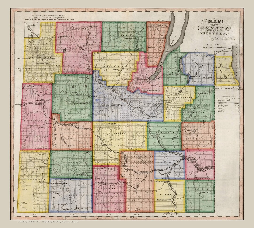 Steuben County 1840 Lot Lines Crooked Lake keuka Lake New York & Erie