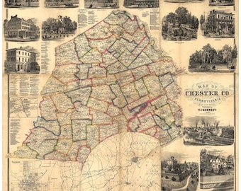 Chester County Pennsylvania 1860 - Old Wall Map with Homeowner Names - Genealogy - Reprint
