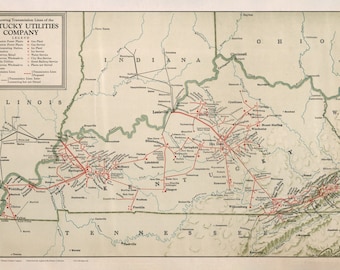Könnte beinhalten: Eine Vintage-Karte, die die Übertragungsleitungen der Kentucky Utilities Company zeigt. Die Karte ist in Schwarzweiß gehalten, wobei rote Linien die Übertragungsleitungen darstellen. Die Karte umfasst die Bundesstaaten Kentucky, Indiana, Illinois, Ohio, Missouri, Tennessee und West Virginia.