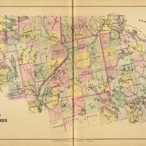 May include: A vintage map of timber lands in Maine, showing the different townships and counties. The map is divided into sections, each with a different color. The map is dated 1871.