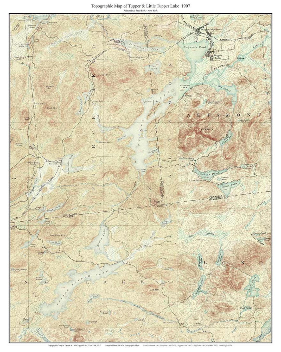 Tupper Lake 1907 USGS Old Topographic Map Little Tupper Lake Reprint