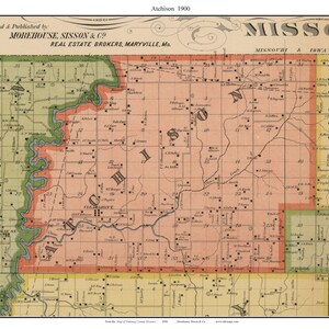 May include: A vintage map of Atchison County, Missouri, published in 1900 by Morehouse, Sisson & Co., real estate brokers in Maryville, Missouri. The map shows the county's townships, roads, and railroads. The map is in a light pink, green, and yellow color scheme.