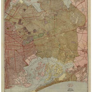 May include: A vintage map of the Borough of Queens, New York City, from 1917. The map shows the streets, parks, and waterways of the borough. The map is printed in brown, red, and blue ink on a cream-colored background. The map is titled "Map of the Borough of Queens, New York City" and is copyrighted by the William Map & Guide Co.