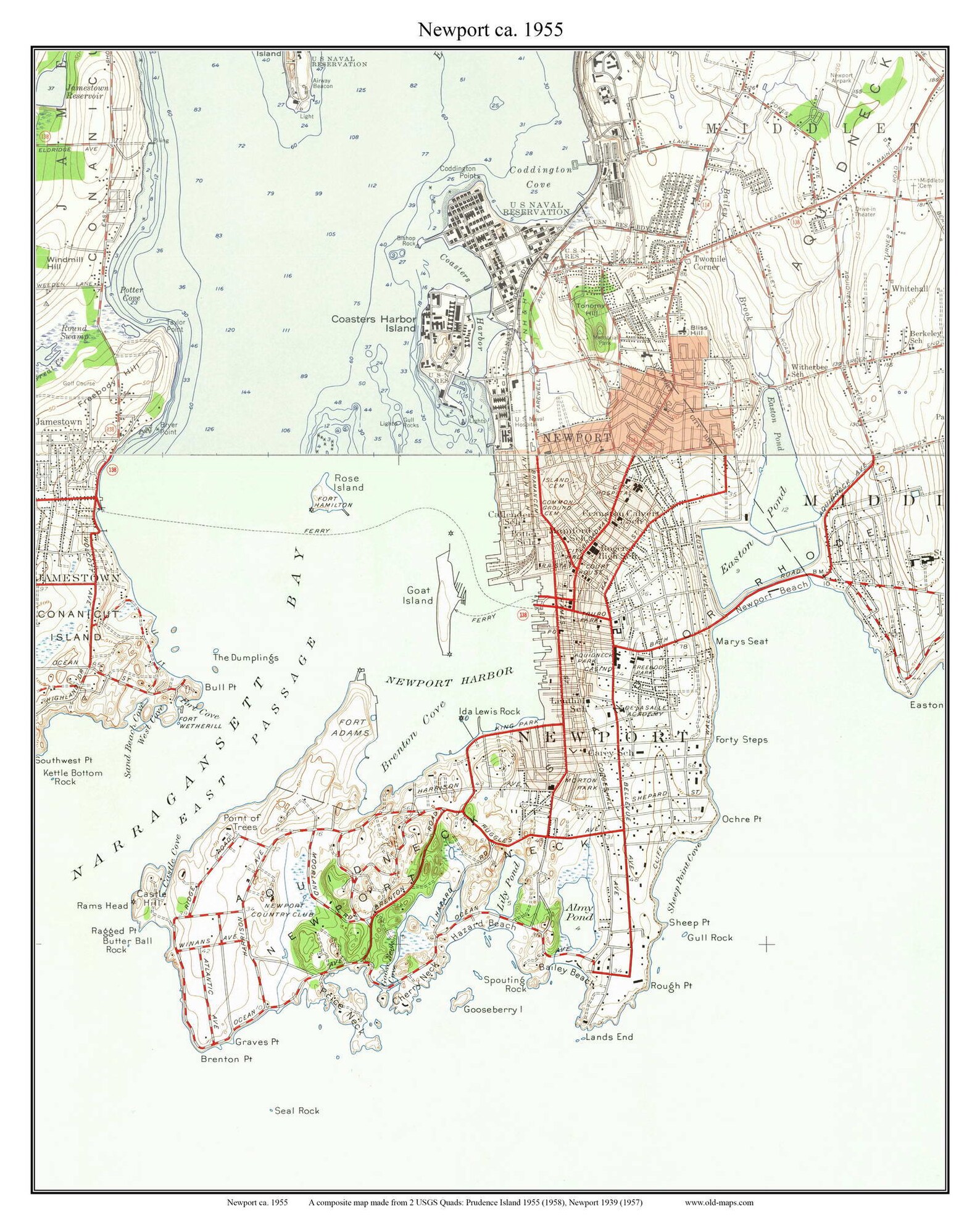 Newport 1955 Old Topographic Map USGS Coasters Harbor Island Brenton