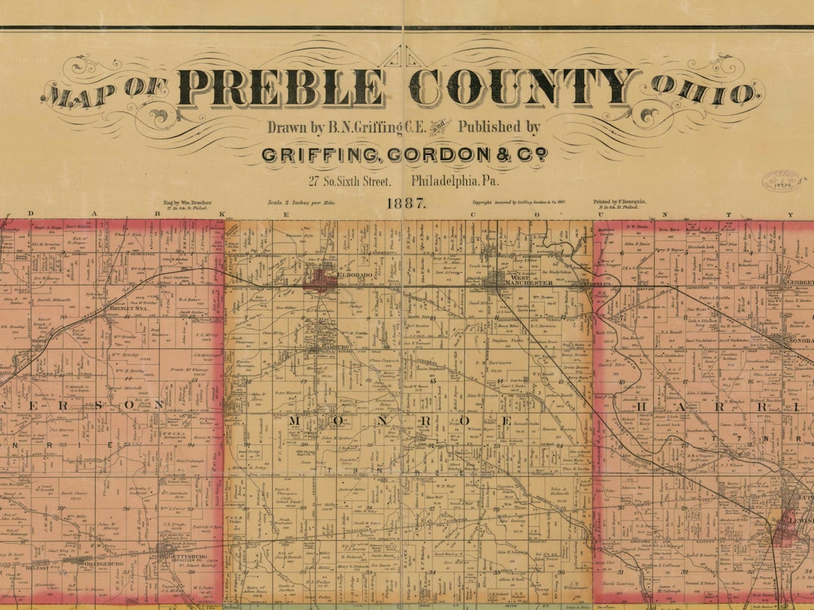 Preble County Ohio 1887 Old Wall Map Reprint With Homeowner Etsy