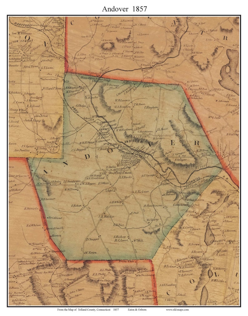 Andover 1857 Old Town Map With Homeowner Names Connecticut Etsy
