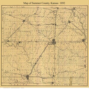 May include: A vintage map of Summer County, Kansas from 1892. The map shows the county's townships, rivers, and roads. The map is printed on a beige background with black lines and text.